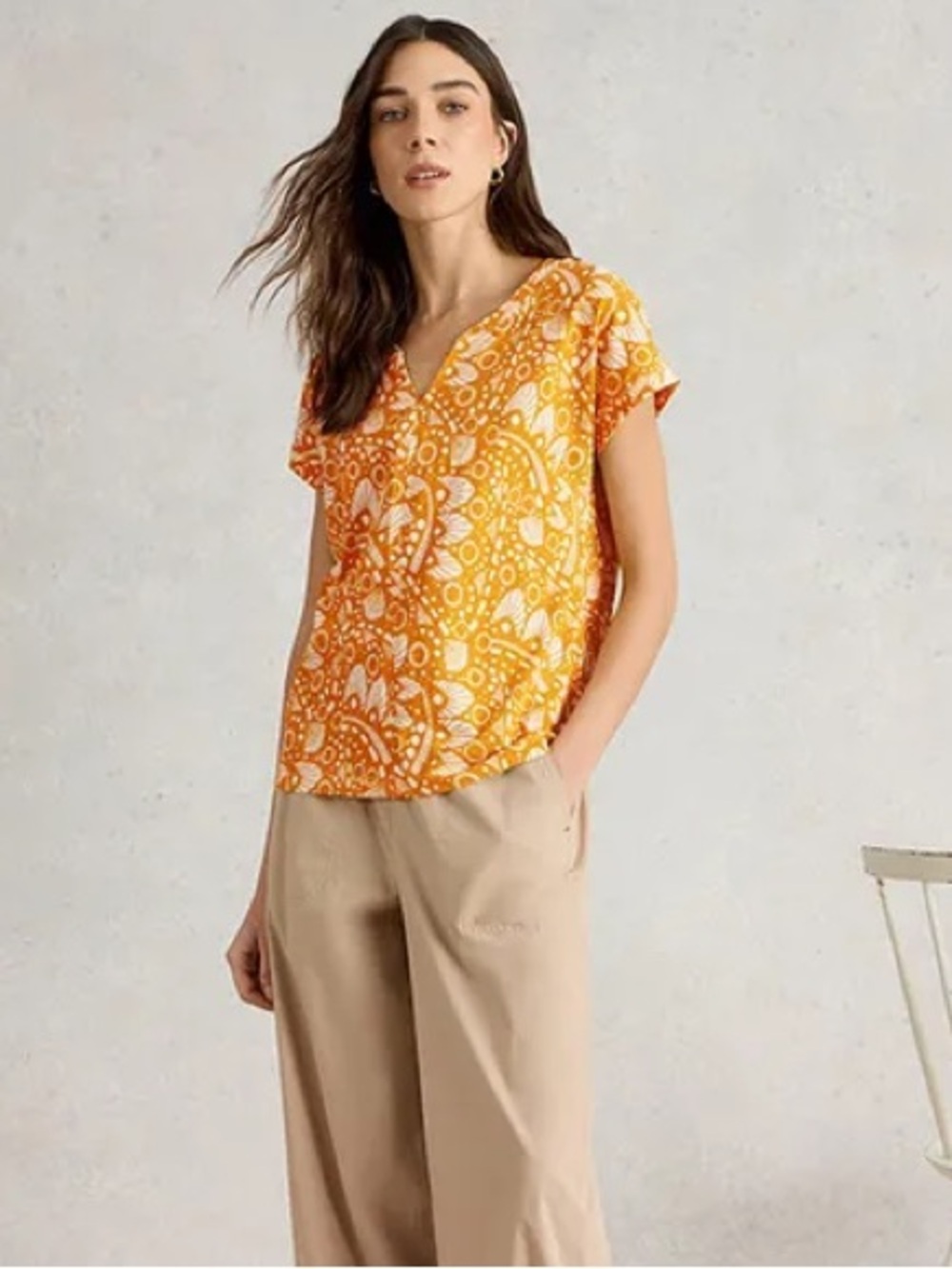 WHITE STUFF Nelly Notch Neck Cotton Short Sleeve T-shirt Size 12 | Yellow
